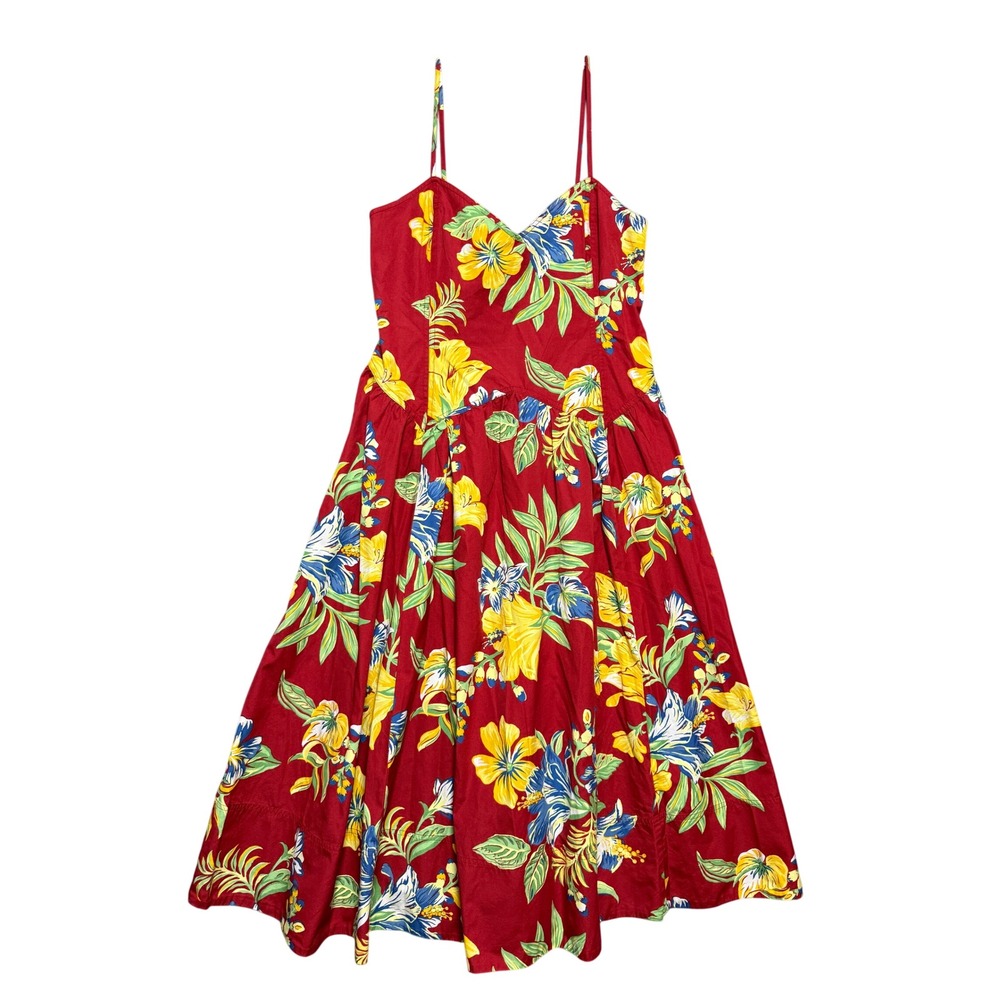 Polo Ralph Lauren Poplin Dress Womens 8 Red Tropical Floral Cotton Resortwear